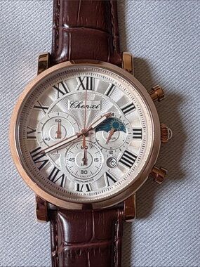 Men Chronograph Watch Rose Gold Case Brown Leather Strap Watch